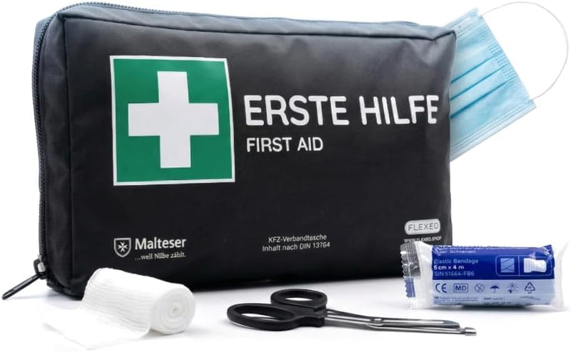 FLEXEO KFZ-Verbandtasche nach DIN 13164 – Erste-Hilfe-Set fürs Auto, europaweit gültig, inkl. 2 Masken