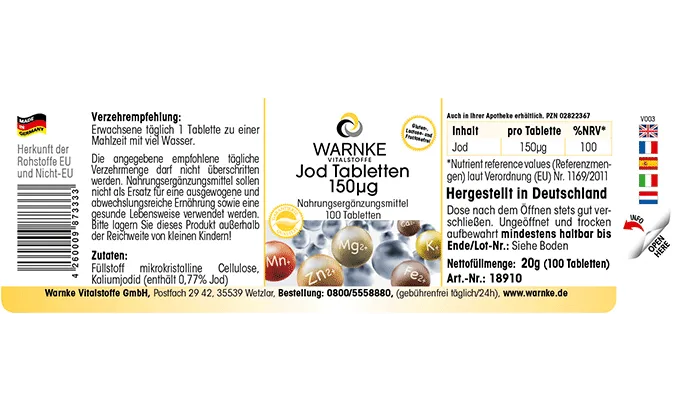 Warnke Vitalstoffe Jod Tabletten 150 µg – 100 Tabletten (Nahrungsergänzungsmittel)