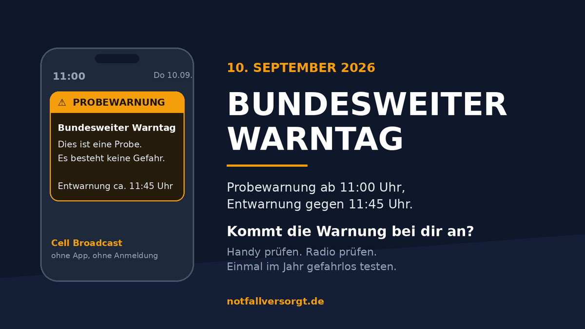 Smartphone mit Probewarnung zum bundesweiten Warntag am 10. September 2026, Probewarnung ab 11:00 Uhr