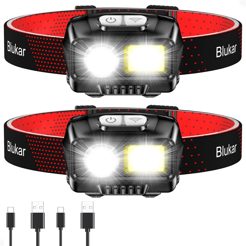 Blukar K9111 LED-Stirnlampe 2er Set – USB wiederaufladbar, 8 Lichtmodi, Bewegungssensor, IPX5